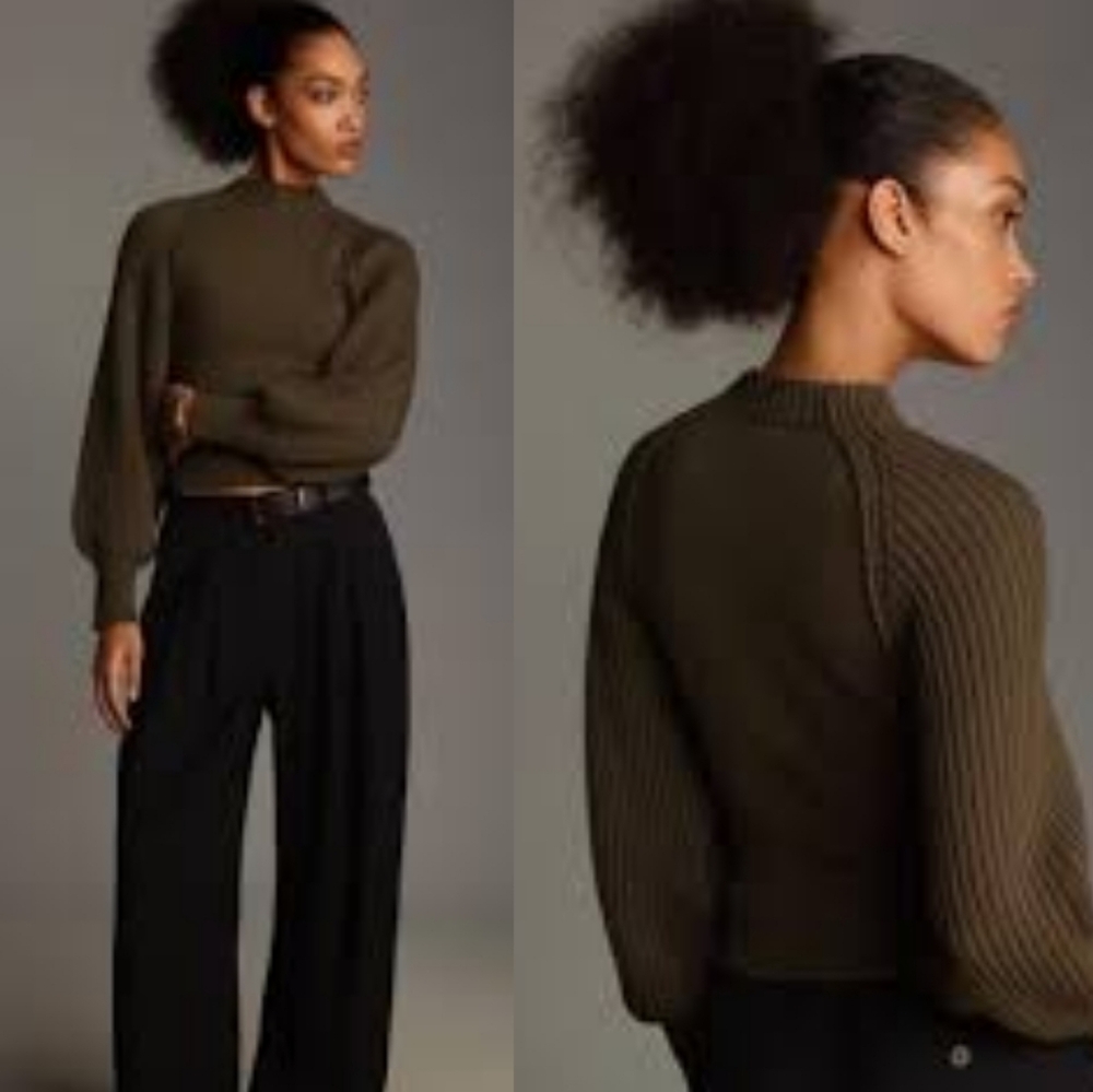 Anthropologie Maeve Mock-Neck Raglan Ribbed Sleeve Pullover Sweater Olive